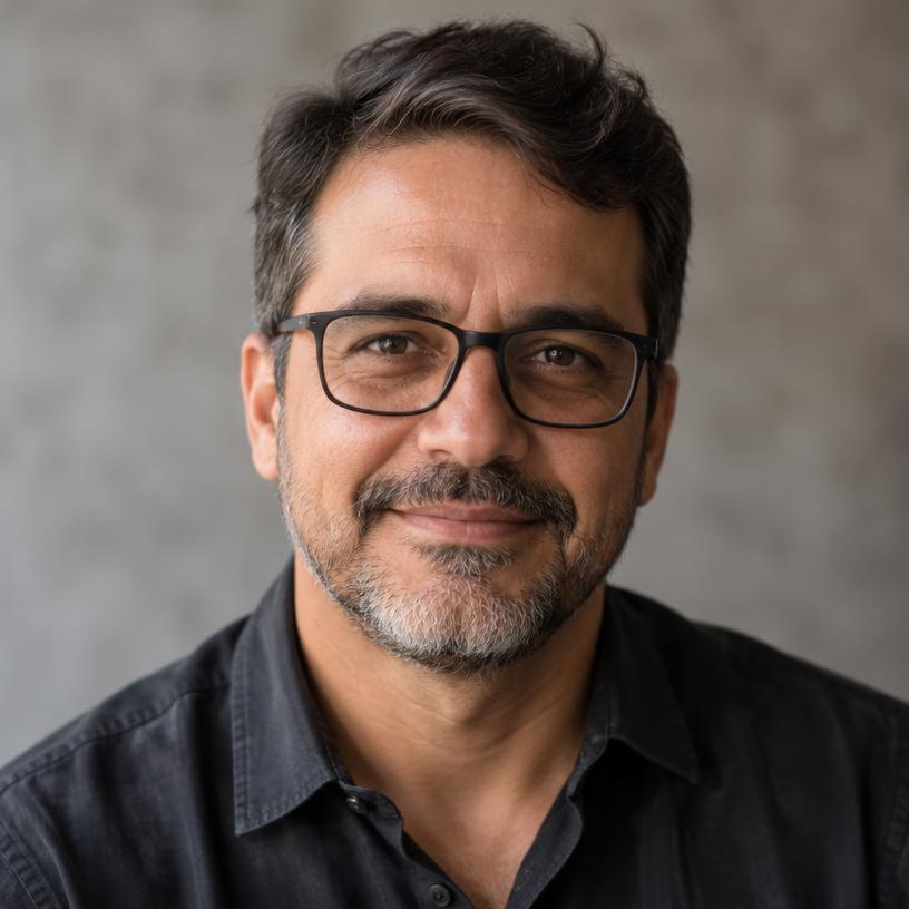 Foto de Rodrigo M., homem de óculos e cabelo escuro, dono de barbearia